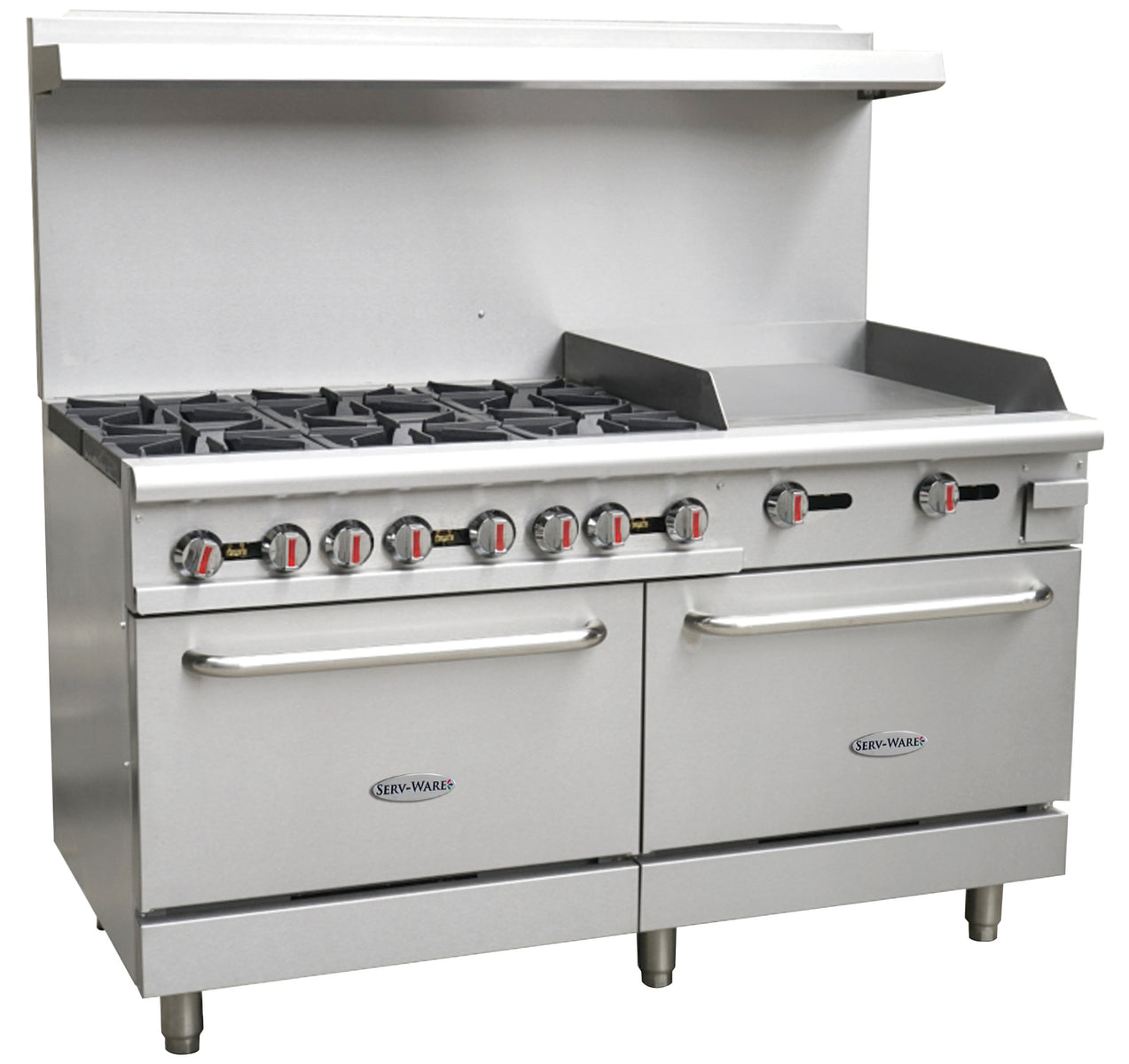 Serv-Ware SGR-6B-24G 60 In. 6-Burner Gas Range with 24 In. Griddle and Two Standard Ovens