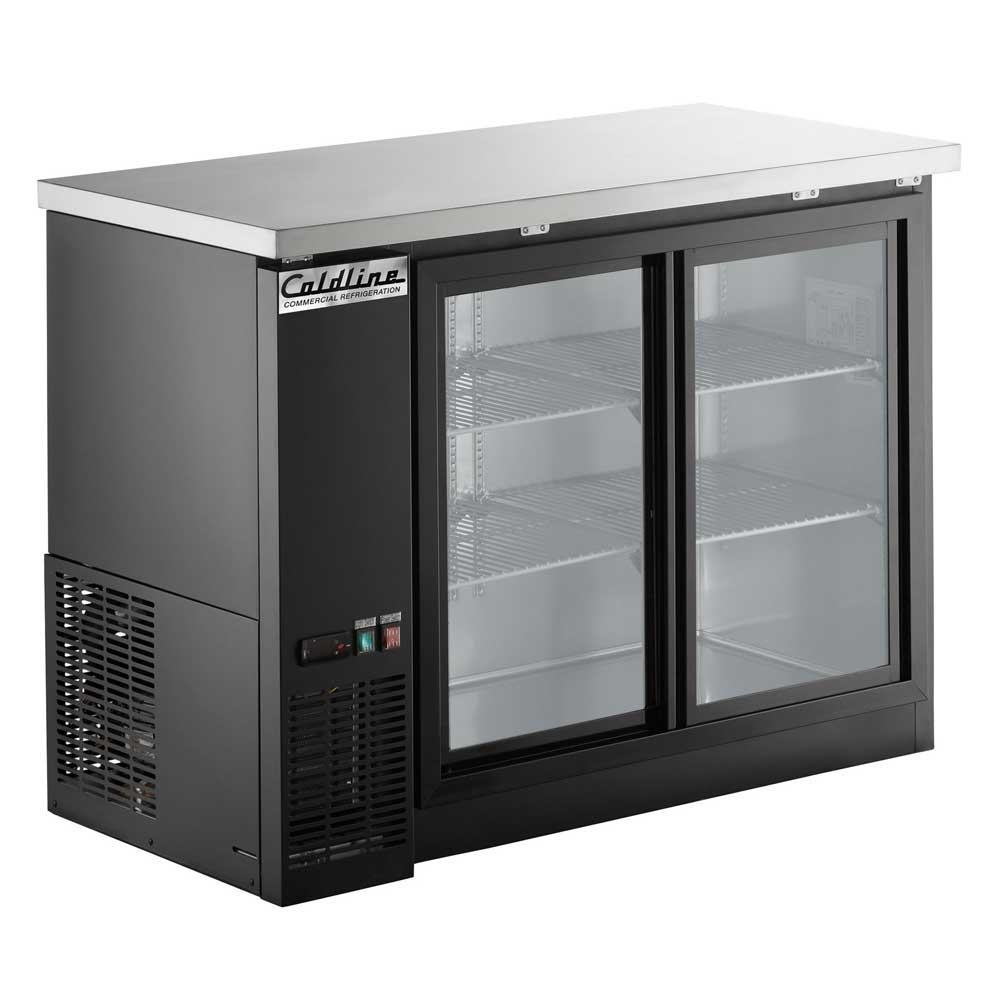 Coldline CBB-48G-SL 48" Refrigerated Narrow Black Sliding Glass Door Back Bar Cooler