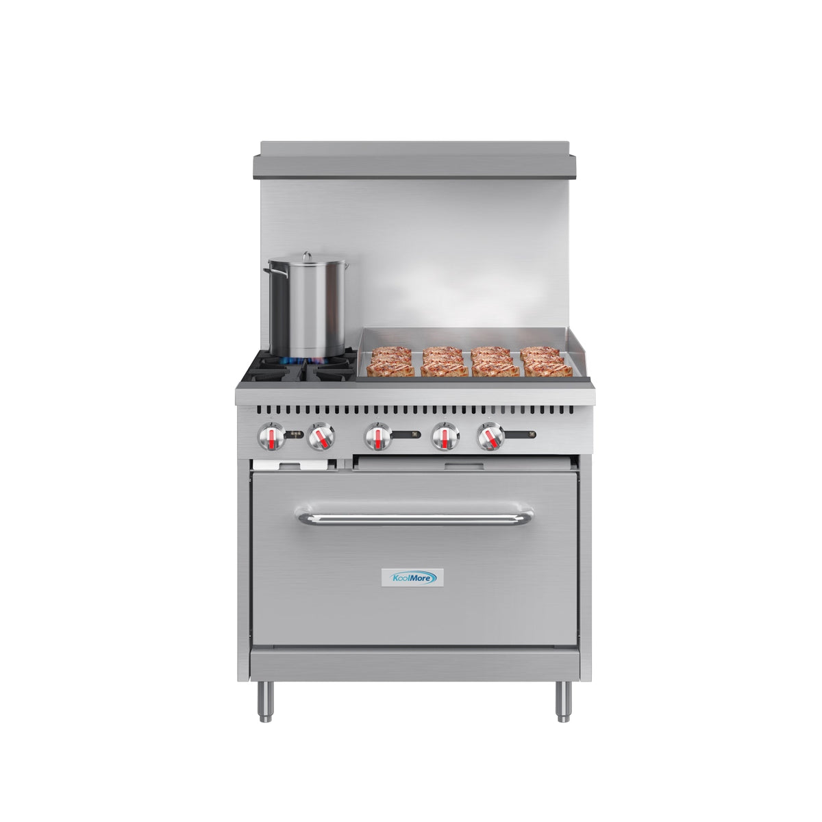 KoolMore KM-CRG36-LP 36 In. Commercial Liquid Propane Range, Stainless Steel, 2 Open Burners, 24 In. Griddle