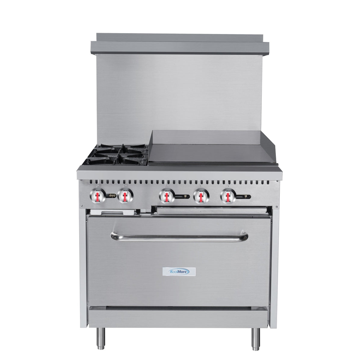KoolMore KM-CRG36-LP 36 In. Commercial Liquid Propane Range, Stainless Steel, 2 Open Burners, 24 In. Griddle