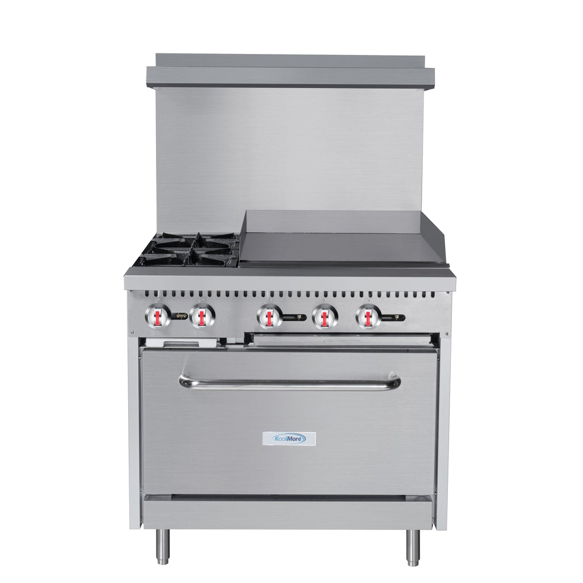 KoolMore KM-CRG36-NG 36 In. Commercial Natural Gas Range, Stainless Steel, 2 Open Burners, 24 In. Griddle