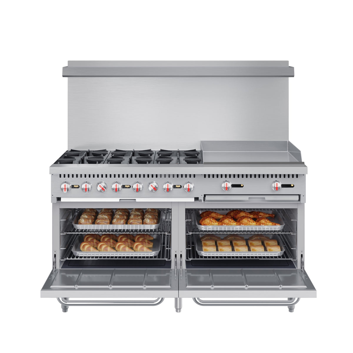 KoolMore KM-CRG60-LP 60 In. Commercial Liquid Propane Range, Stainless Steel, 6 Open Burners, 24 In. Griddle, Dual Ovens