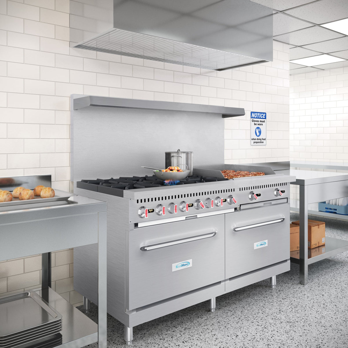 KoolMore KM-CRG60-LP 60 In. Commercial Liquid Propane Range, Stainless Steel, 6 Open Burners, 24 In. Griddle, Dual Ovens