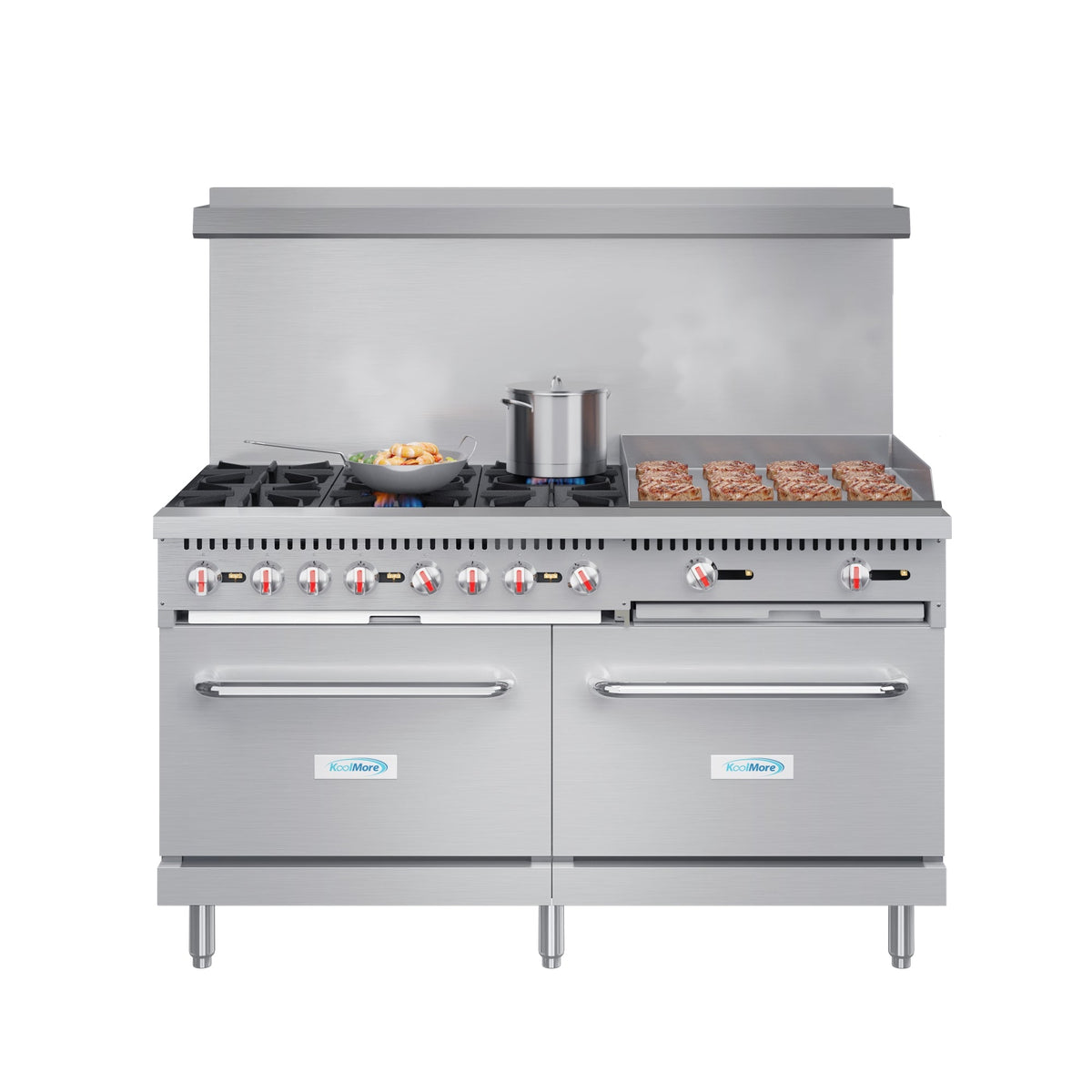 KoolMore KM-CRG60-NG 60 In. Commercial Natural Gas Range, Stainless Steel, 6 Open Burners, 24 In. Griddle, Dual Ovens