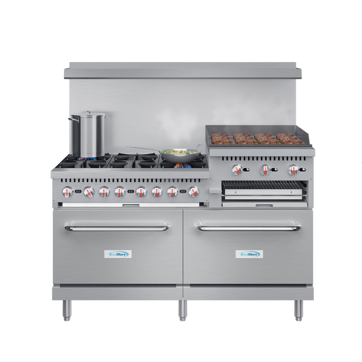 KoolMore KM-CRGB60-LP 60 In. Commercial Liquid Propane Range, Stainless Steel, 6 Open Burners, 24 In. Griddle, Broiler, Dual Ovens