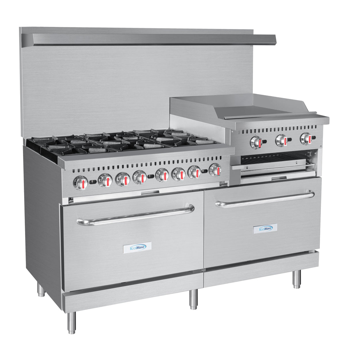 KoolMore KM-CRGB60-LP 60 In. Commercial Liquid Propane Range, Stainless Steel, 6 Open Burners, 24 In. Griddle, Broiler, Dual Ovens