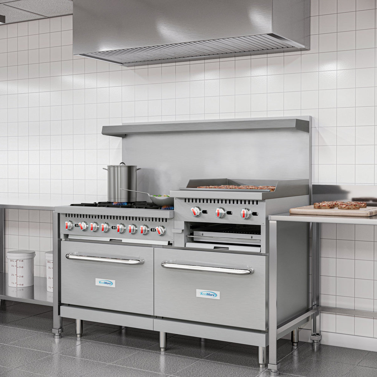 KoolMore KM-CRGB60-LP 60 In. Commercial Liquid Propane Range, Stainless Steel, 6 Open Burners, 24 In. Griddle, Broiler, Dual Ovens