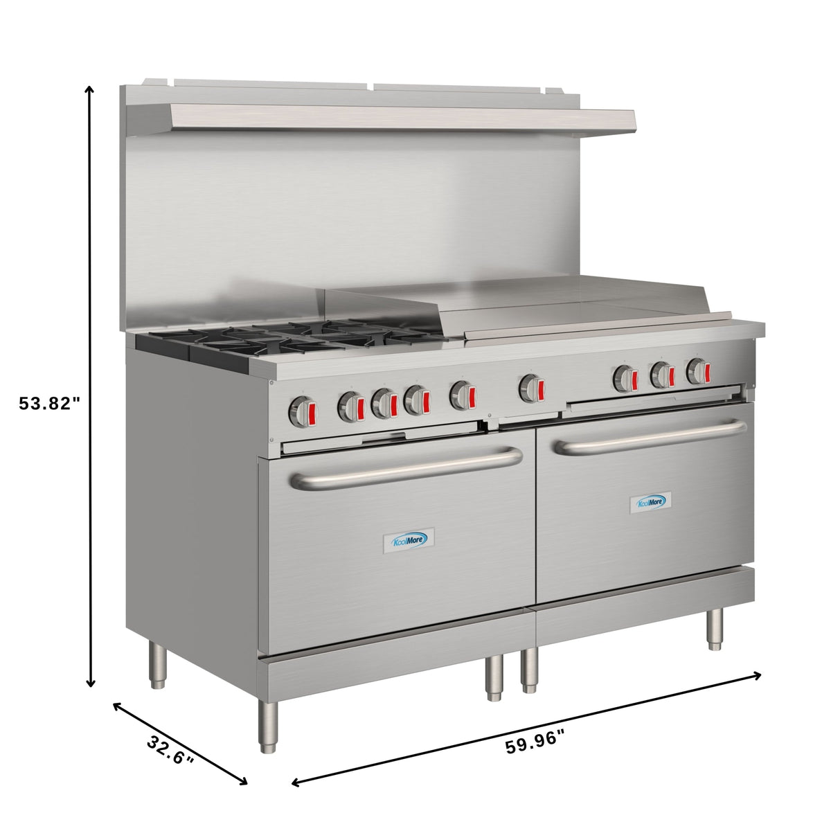 KoolMore KM-CRG364-NG 60 In. Commercial Natural Gas Range, Stainless Steel, 4 Open Burners, 36 In. Griddle, Dual Ovens