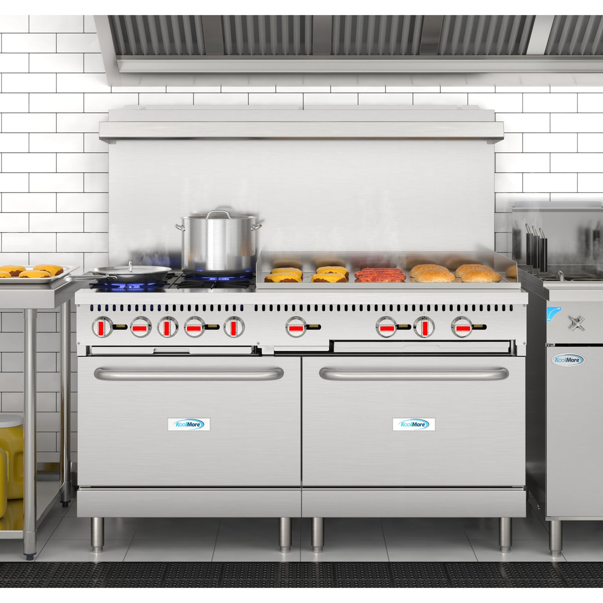 KoolMore KM-CRG364-NG 60 In. Commercial Natural Gas Range, Stainless Steel, 4 Open Burners, 36 In. Griddle, Dual Ovens