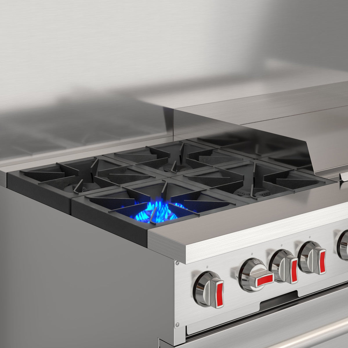 KoolMore KM-CRG364-NG 60 In. Commercial Natural Gas Range, Stainless Steel, 4 Open Burners, 36 In. Griddle, Dual Ovens