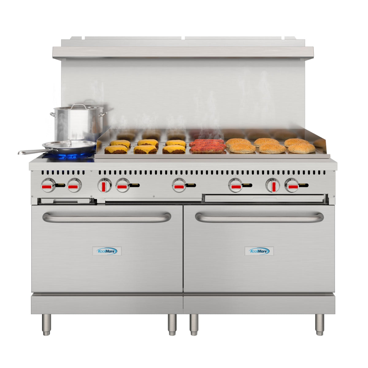 KoolMore KM-CRG482-NG 60 In. Commercial Natural Gas Range, Stainless Steel, 2 Open Burners, 48 In. Griddle, Dual Ovens