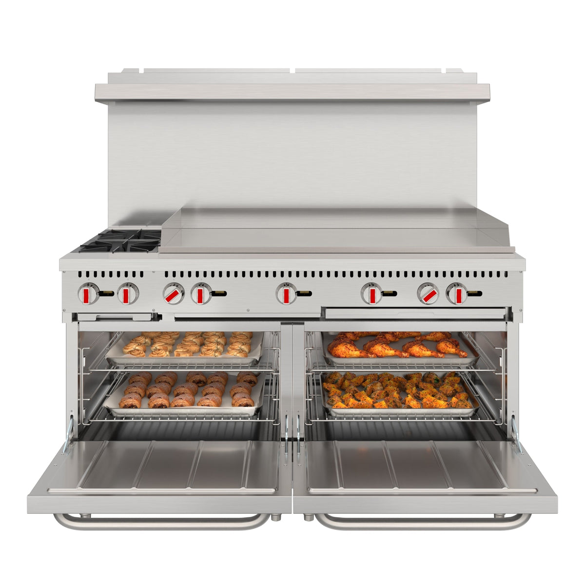 KoolMore KM-CRG482-NG 60 In. Commercial Natural Gas Range, Stainless Steel, 2 Open Burners, 48 In. Griddle, Dual Ovens
