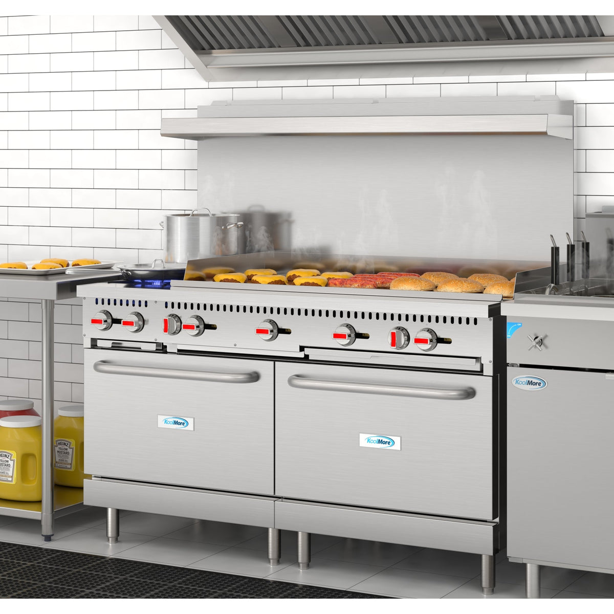 KoolMore KM-CRG482-NG 60 In. Commercial Natural Gas Range, Stainless Steel, 2 Open Burners, 48 In. Griddle, Dual Ovens