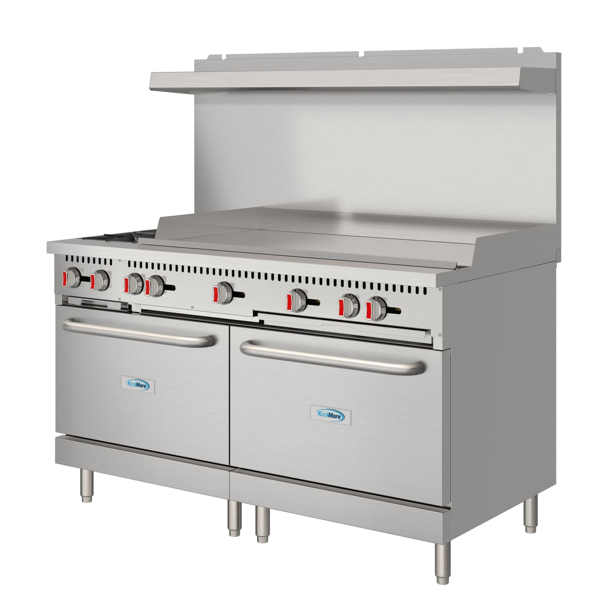 KoolMore KM-CRG482-NG 60 In. Commercial Natural Gas Range, Stainless Steel, 2 Open Burners, 48 In. Griddle, Dual Ovens
