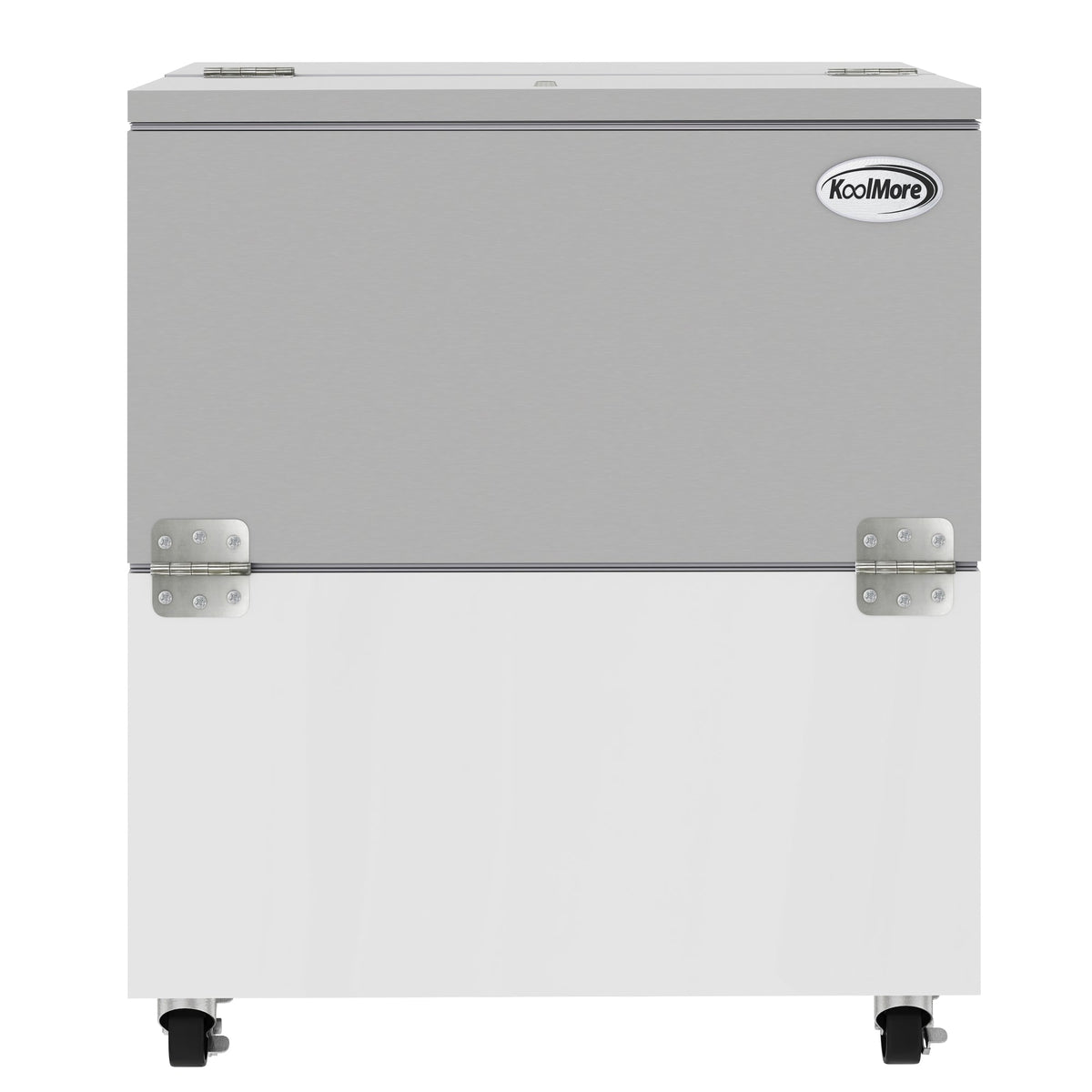 KoolMore KM-MC34-HDC 34 In. Commercial Milk Cooler, 8 Crate Capacity, Stainless Steel and White, Heavy-Duty Casters