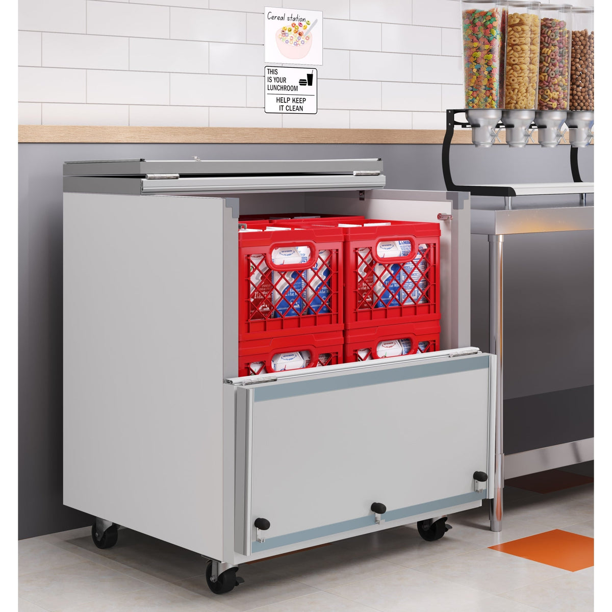 KoolMore KM-MC34-HDC 34 In. Commercial Milk Cooler, 8 Crate Capacity, Stainless Steel and White, Heavy-Duty Casters