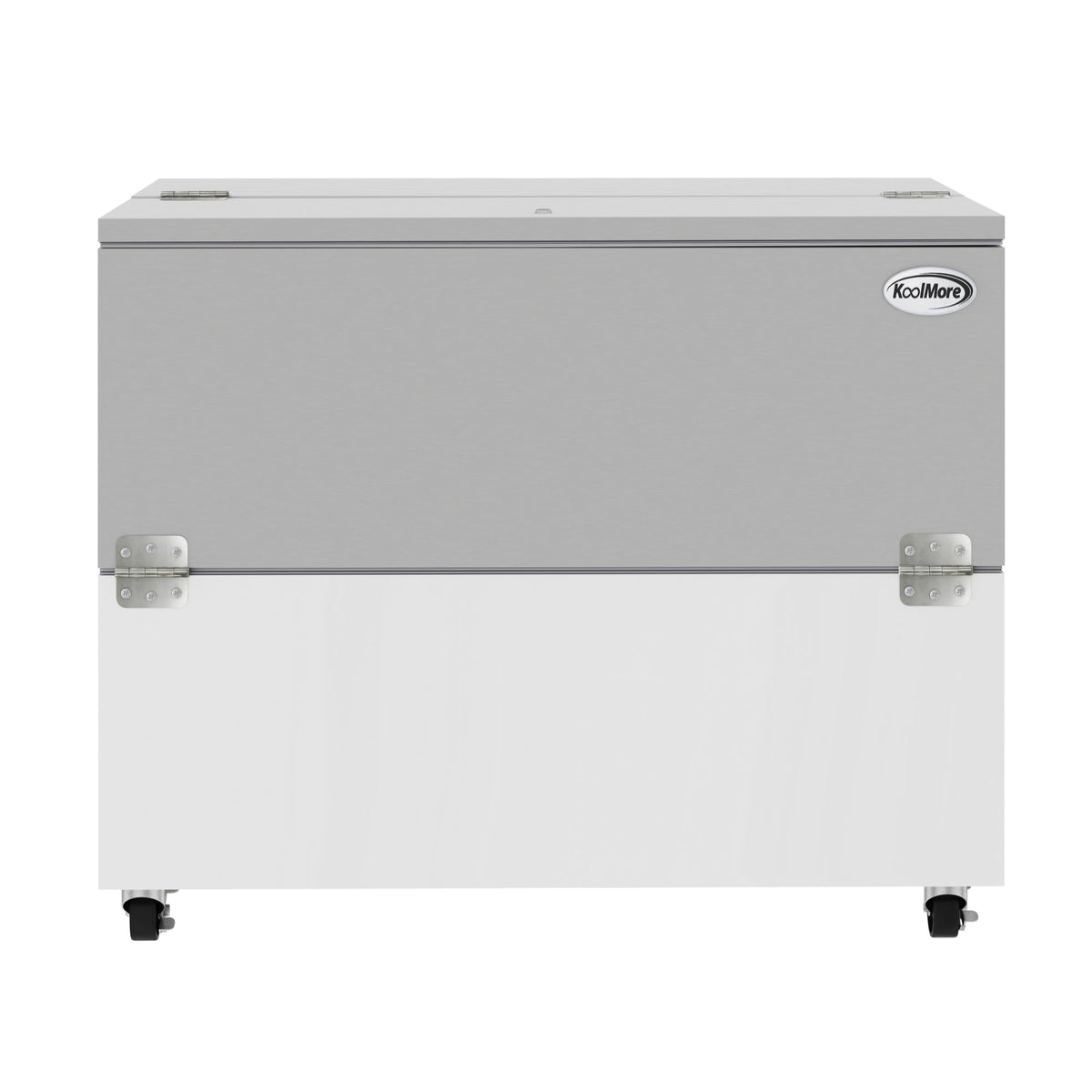 KoolMore KM-MC49-HDC 49 In. Commercial Milk Cooler, 12 Crate Capacity, Stainless Steel and White, Heavy-Duty Casters