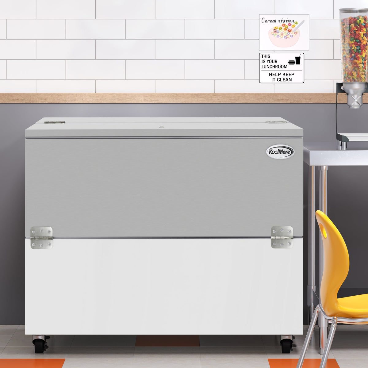 KoolMore KM-MC49-HDC 49 In. Commercial Milk Cooler, 12 Crate Capacity, Stainless Steel and White, Heavy-Duty Casters