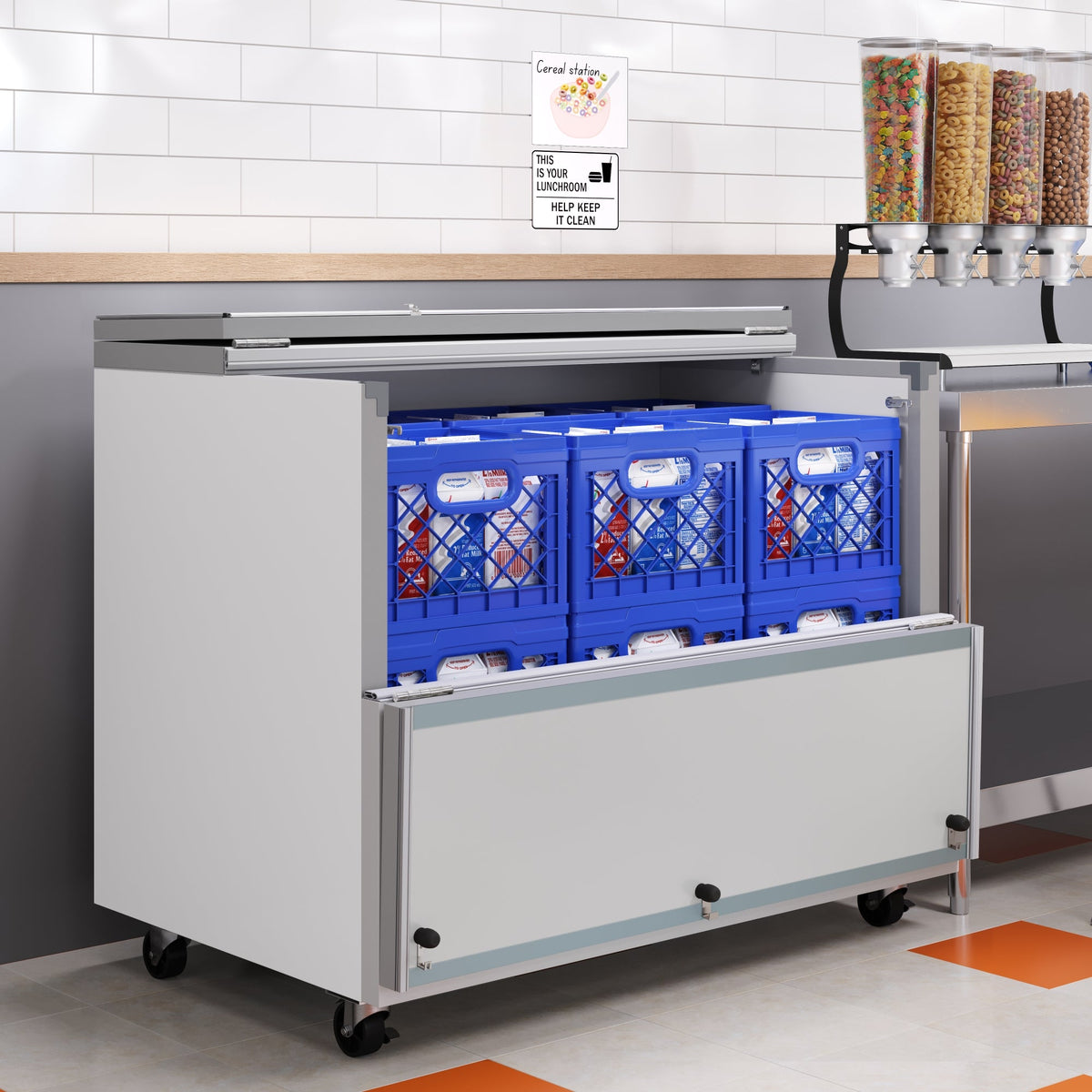 KoolMore KM-MC49-HDC 49 In. Commercial Milk Cooler, 12 Crate Capacity, Stainless Steel and White, Heavy-Duty Casters