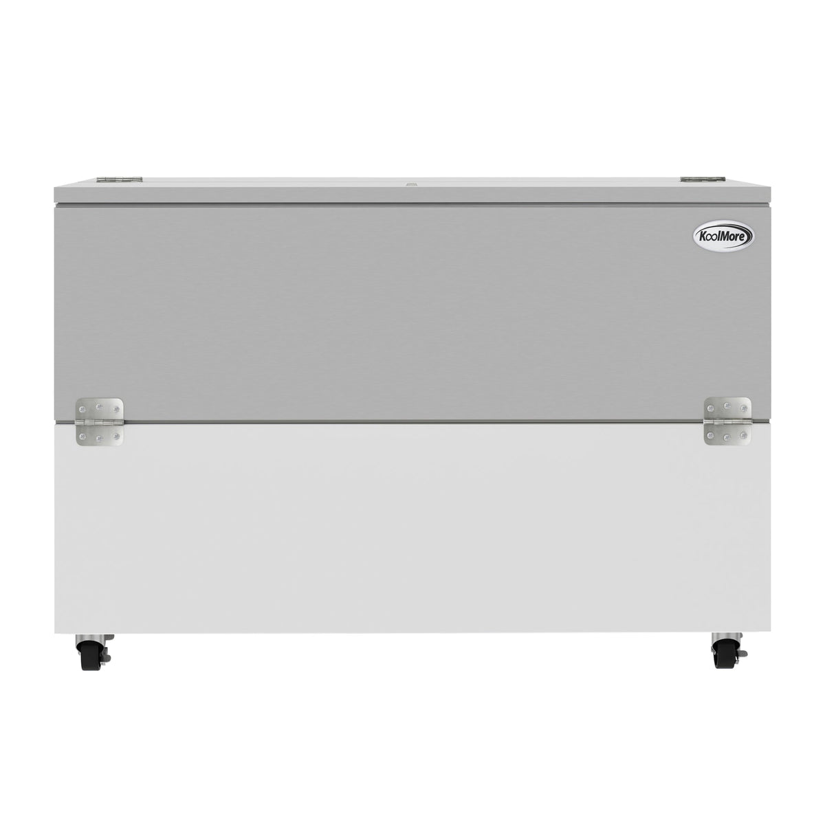KoolMore KM-MC58-HDC 58 In. Commercial Milk Cooler, 16 Crate Capacity, Stainless Steel and White, Heavy-Duty Casters