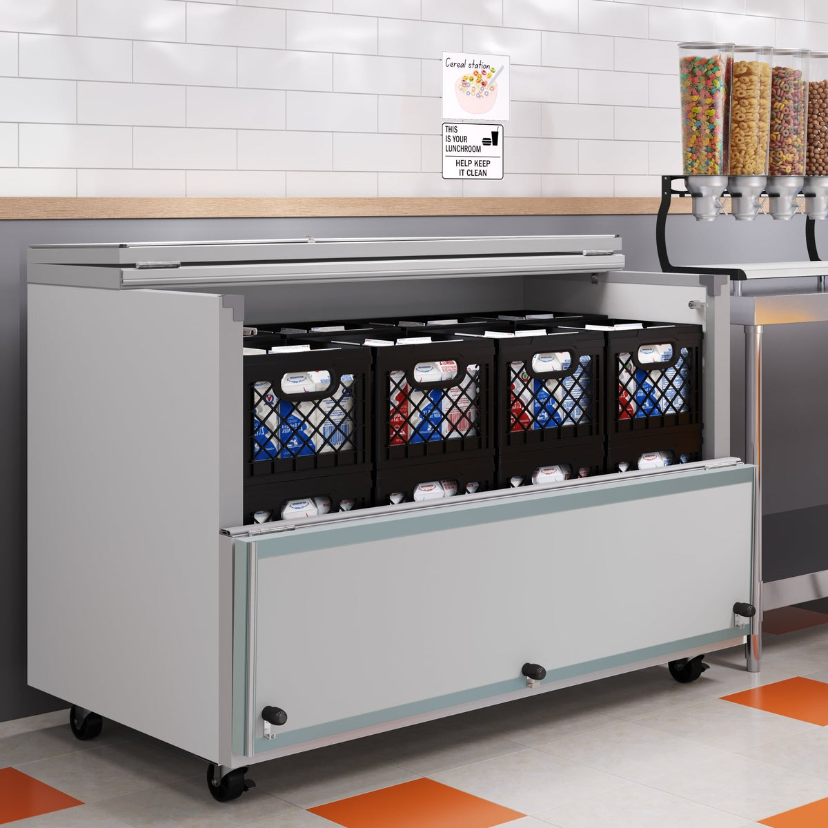 KoolMore KM-MC58-HDC 58 In. Commercial Milk Cooler, 16 Crate Capacity, Stainless Steel and White, Heavy-Duty Casters