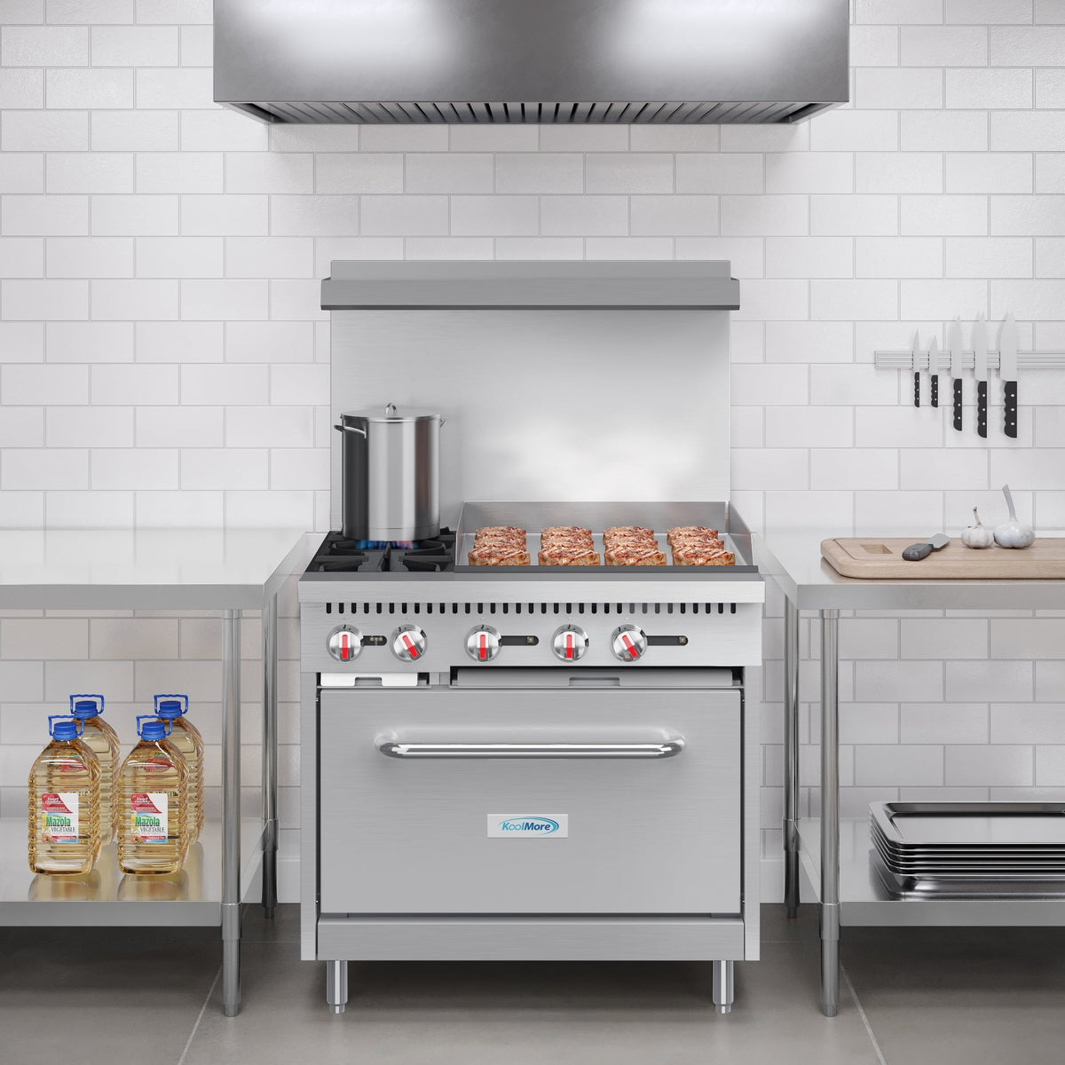 KoolMore KM-CRG36-LP 36 In. Commercial Liquid Propane Range, Stainless Steel, 2 Open Burners, 24 In. Griddle