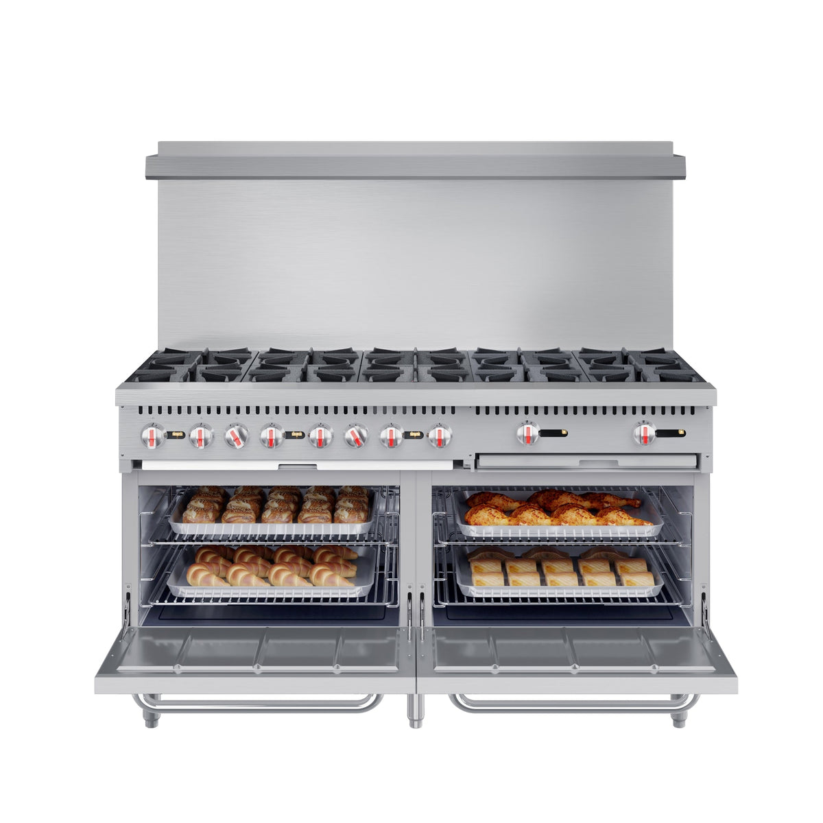 KoolMore KM-CR60-NG 60 In. Commercial Natural Gas Range, 10 Burners, 2 Standard Ovens, Stainless Steel