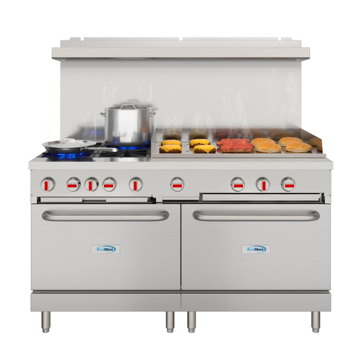 KoolMore KM-CRG364-NG 60 In. Commercial Natural Gas Range, Stainless Steel, 4 Open Burners, 36 In. Griddle, Dual Ovens