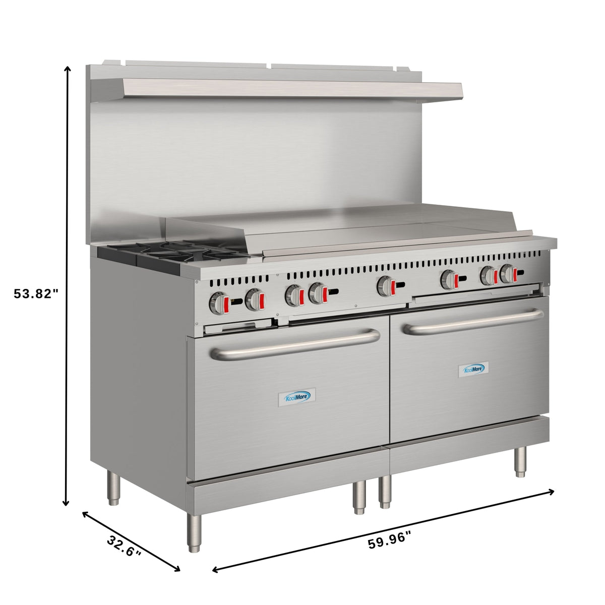 KoolMore KM-CRG482-NG 60 In. Commercial Natural Gas Range, Stainless Steel, 2 Open Burners, 48 In. Griddle, Dual Ovens