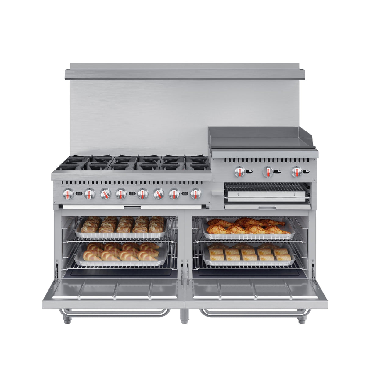 KoolMore KM-CRGB60-LP 60 In. Commercial Liquid Propane Range, Stainless Steel, 6 Open Burners, 24 In. Griddle, Broiler, Dual Ovens