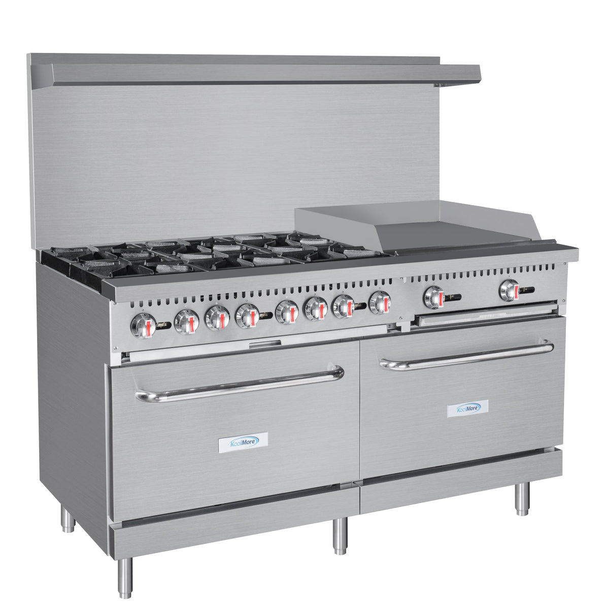 KoolMore KM-CRG60-NG 60 In. Commercial Natural Gas Range, Stainless Steel, 6 Open Burners, 24 In. Griddle, Dual Ovens