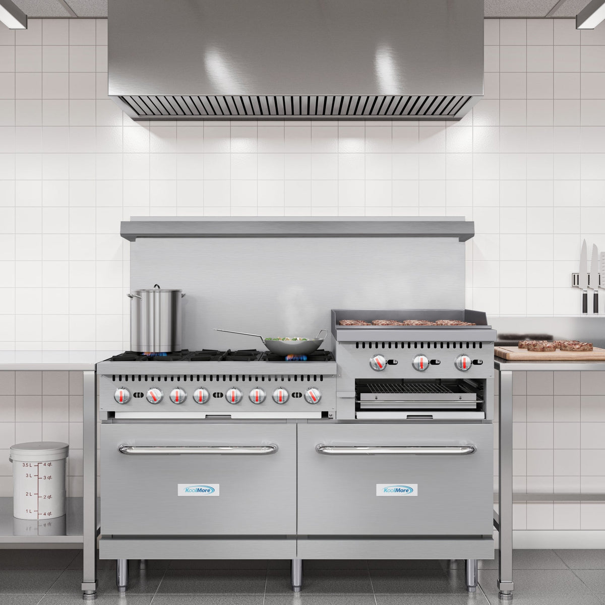 KoolMore KM-CRGB60-NG 60 In. Commercial Natural Gas Range, Stainless Steel, 6 Open Burners, 24 In. Griddle, Broiler, Dual Ovens