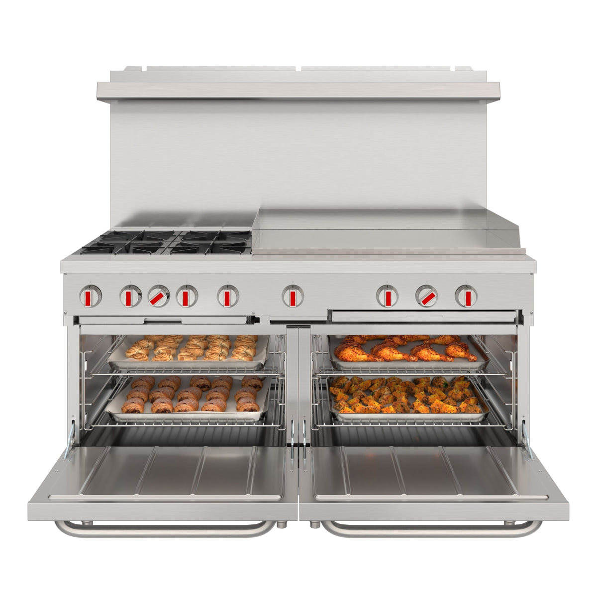 KoolMore KM-CRG364-NG 60 In. Commercial Natural Gas Range, Stainless Steel, 4 Open Burners, 36 In. Griddle, Dual Ovens