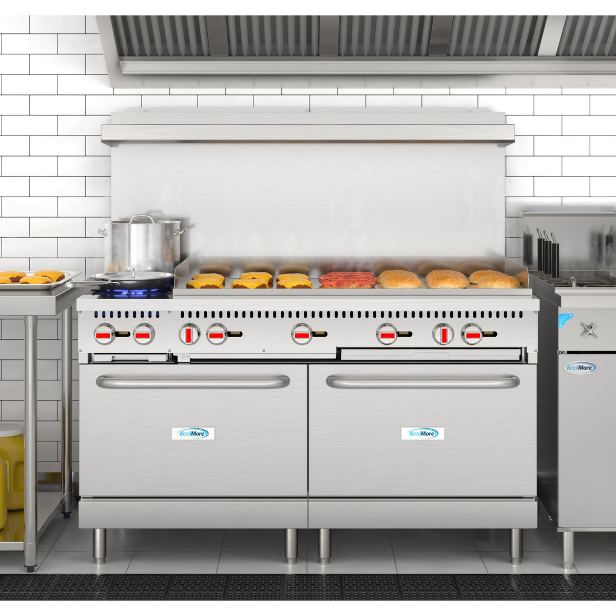 KoolMore KM-CRG482-NG 60 In. Commercial Natural Gas Range, Stainless Steel, 2 Open Burners, 48 In. Griddle, Dual Ovens