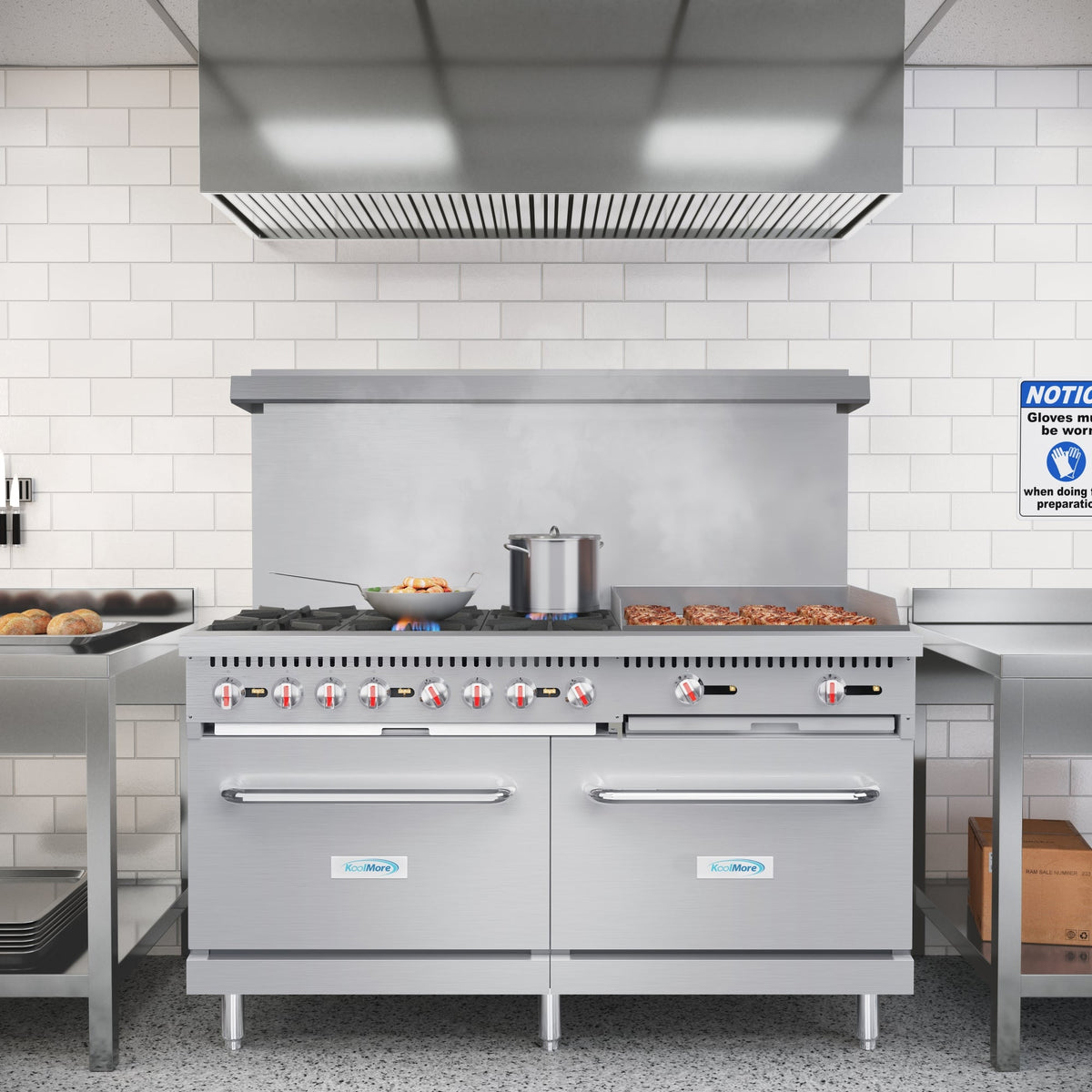 KoolMore KM-CRG60-LP 60 In. Commercial Liquid Propane Range, Stainless Steel, 6 Open Burners, 24 In. Griddle, Dual Ovens