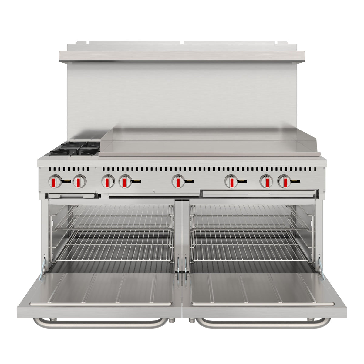 KoolMore KM-CRG482-NG 60 In. Commercial Natural Gas Range, Stainless Steel, 2 Open Burners, 48 In. Griddle, Dual Ovens