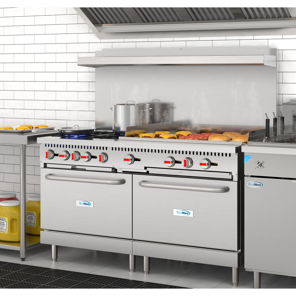KoolMore KM-CRG364-NG 60 In. Commercial Natural Gas Range, Stainless Steel, 4 Open Burners, 36 In. Griddle, Dual Ovens