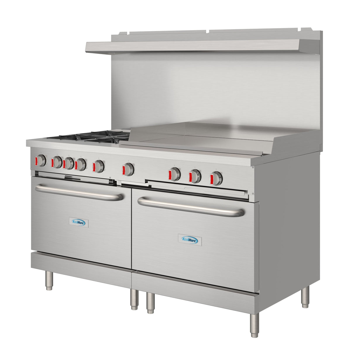 KoolMore KM-CRG364-NG 60 In. Commercial Natural Gas Range, Stainless Steel, 4 Open Burners, 36 In. Griddle, Dual Ovens
