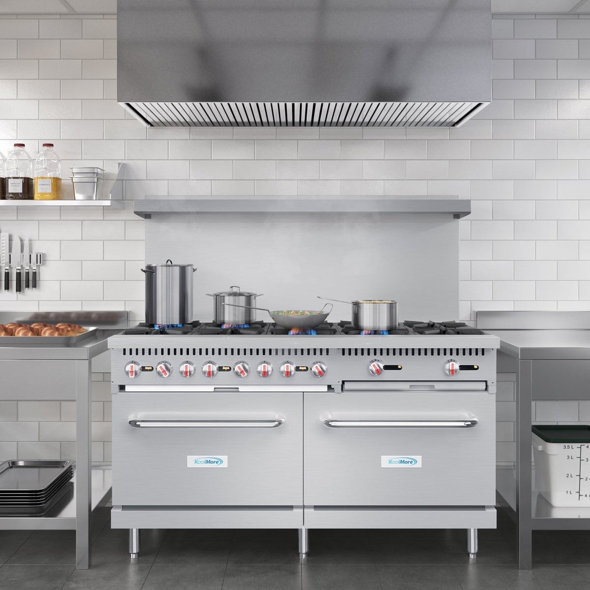 KoolMore KM-CR60-LP 60 In. Commercial Liquid Propane Range, 10 Burners, 2 Standard Ovens, Stainless Steel