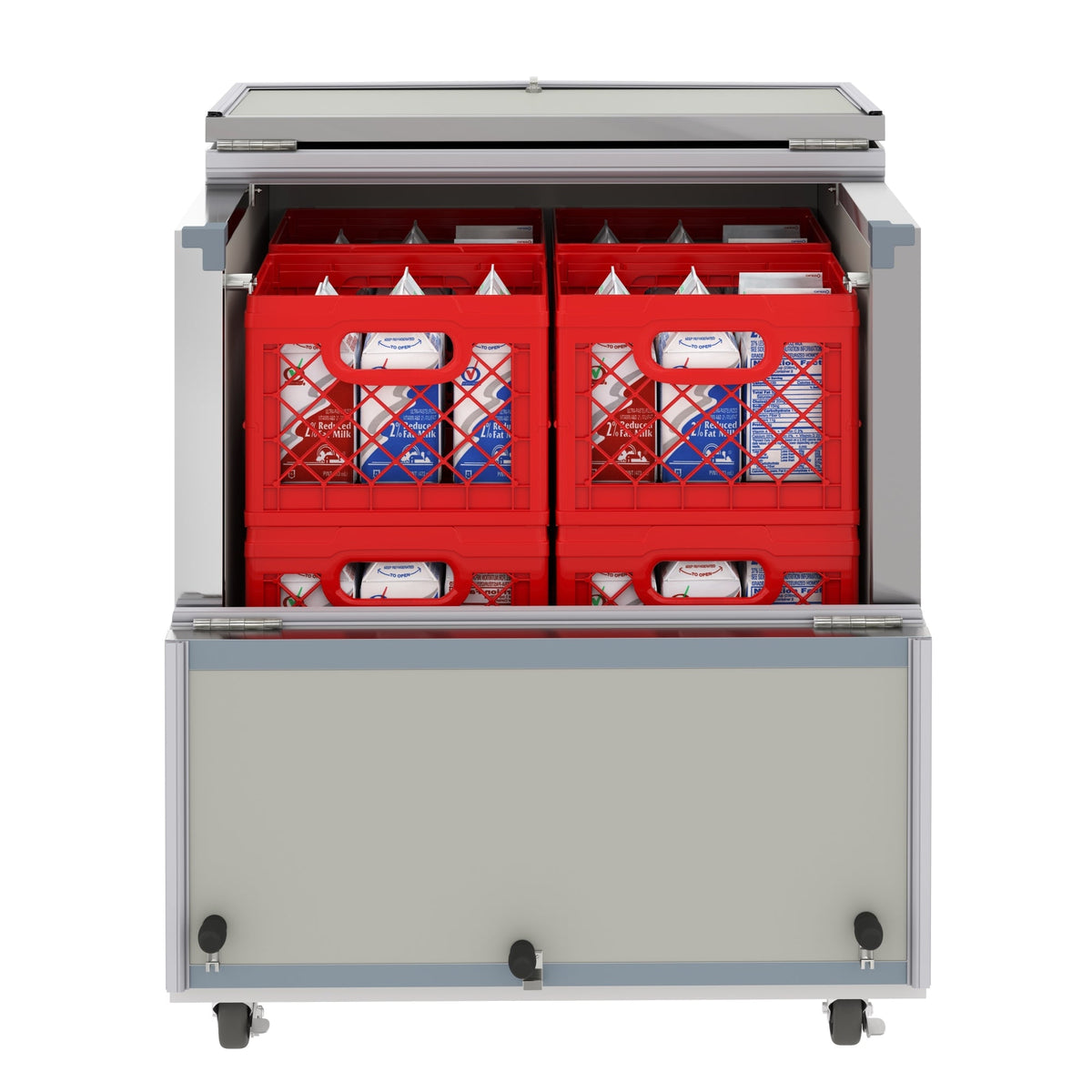 KoolMore KM-MC34-HDC 34 In. Commercial Milk Cooler, 8 Crate Capacity, Stainless Steel and White, Heavy-Duty Casters