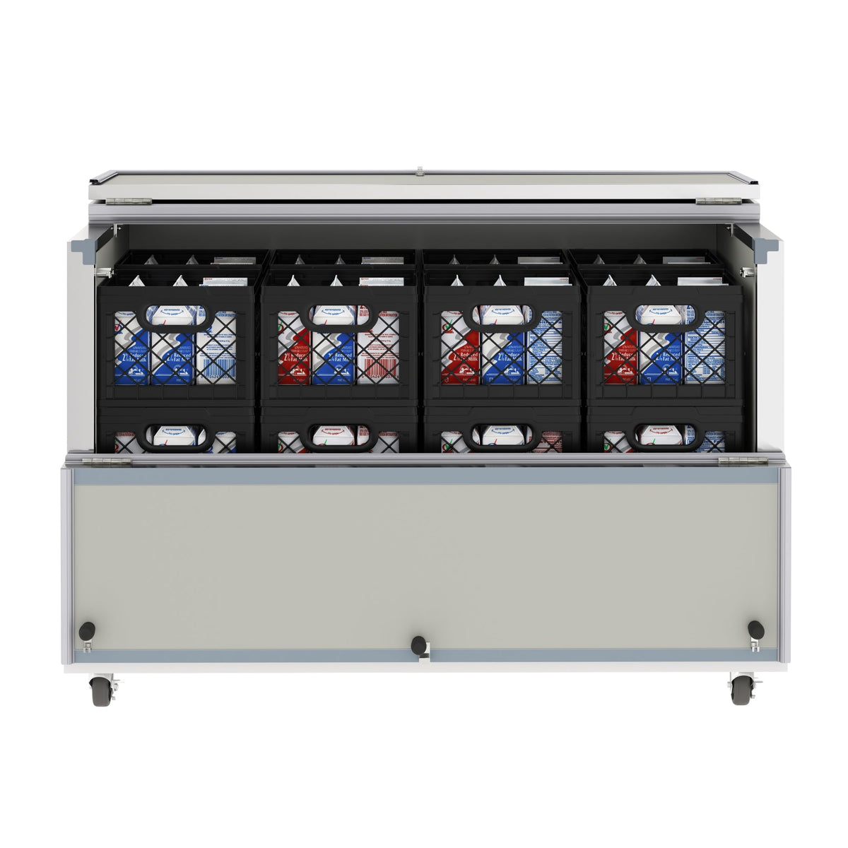 KoolMore KM-MC58-HDC 58 In. Commercial Milk Cooler, 16 Crate Capacity, Stainless Steel and White, Heavy-Duty Casters