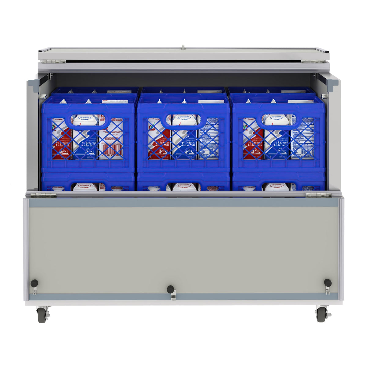 KoolMore KM-MC49-HDC 49 In. Commercial Milk Cooler, 12 Crate Capacity, Stainless Steel and White, Heavy-Duty Casters