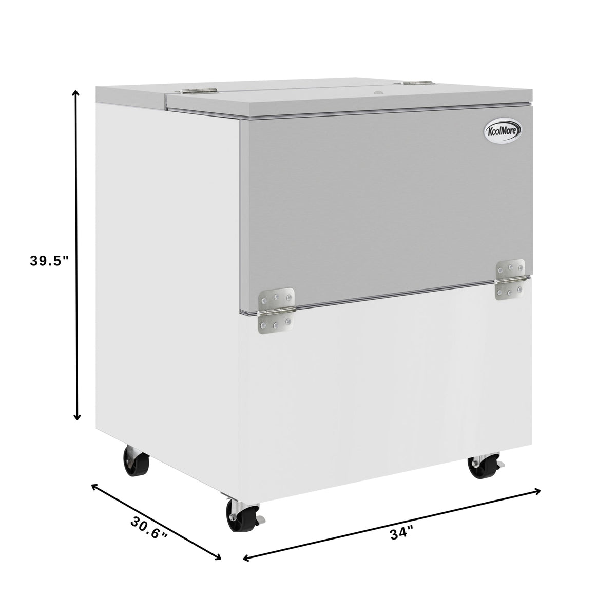 KoolMore KM-MC34-HDC 34 In. Commercial Milk Cooler, 8 Crate Capacity, Stainless Steel and White, Heavy-Duty Casters