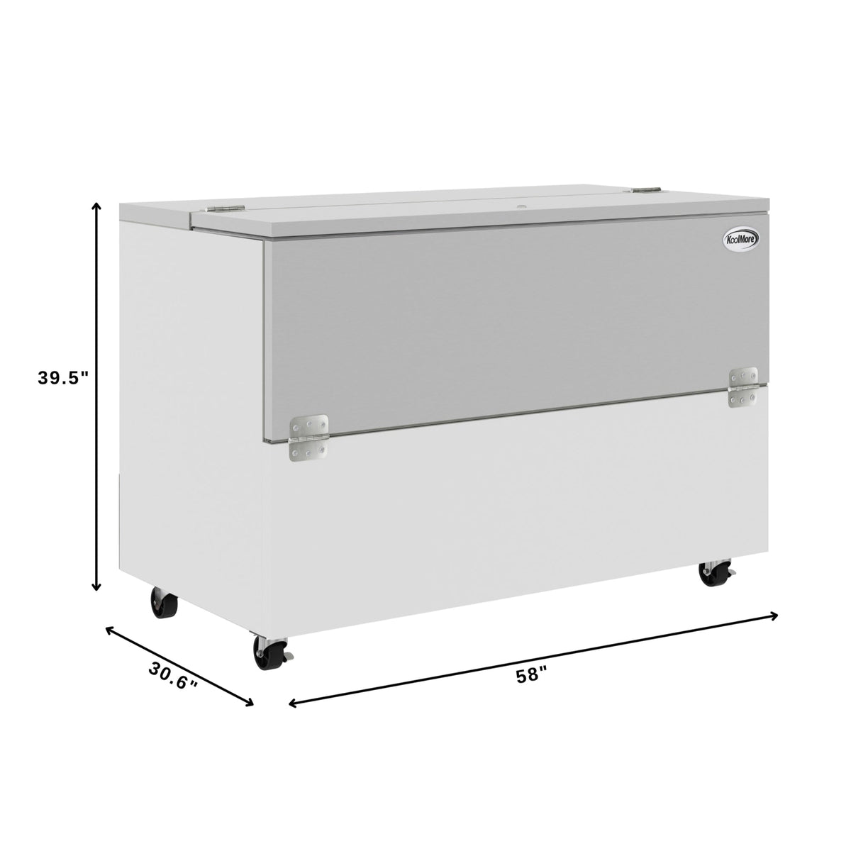 KoolMore KM-MC58-HDC 58 In. Commercial Milk Cooler, 16 Crate Capacity, Stainless Steel and White, Heavy-Duty Casters