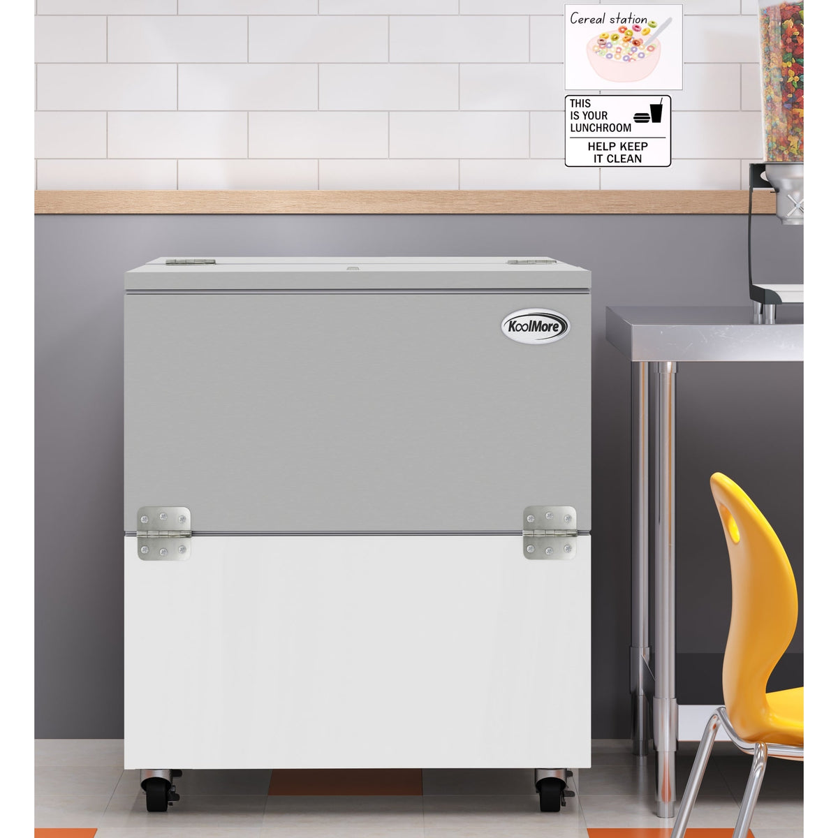 KoolMore KM-MC34-HDC 34 In. Commercial Milk Cooler, 8 Crate Capacity, Stainless Steel and White, Heavy-Duty Casters