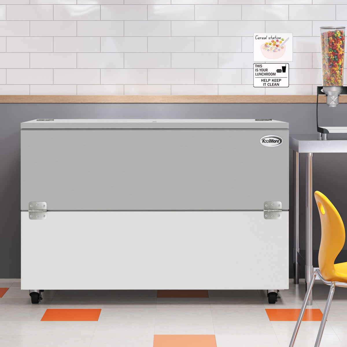 KoolMore KM-MC58-HDC 58 In. Commercial Milk Cooler, 16 Crate Capacity, Stainless Steel and White, Heavy-Duty Casters