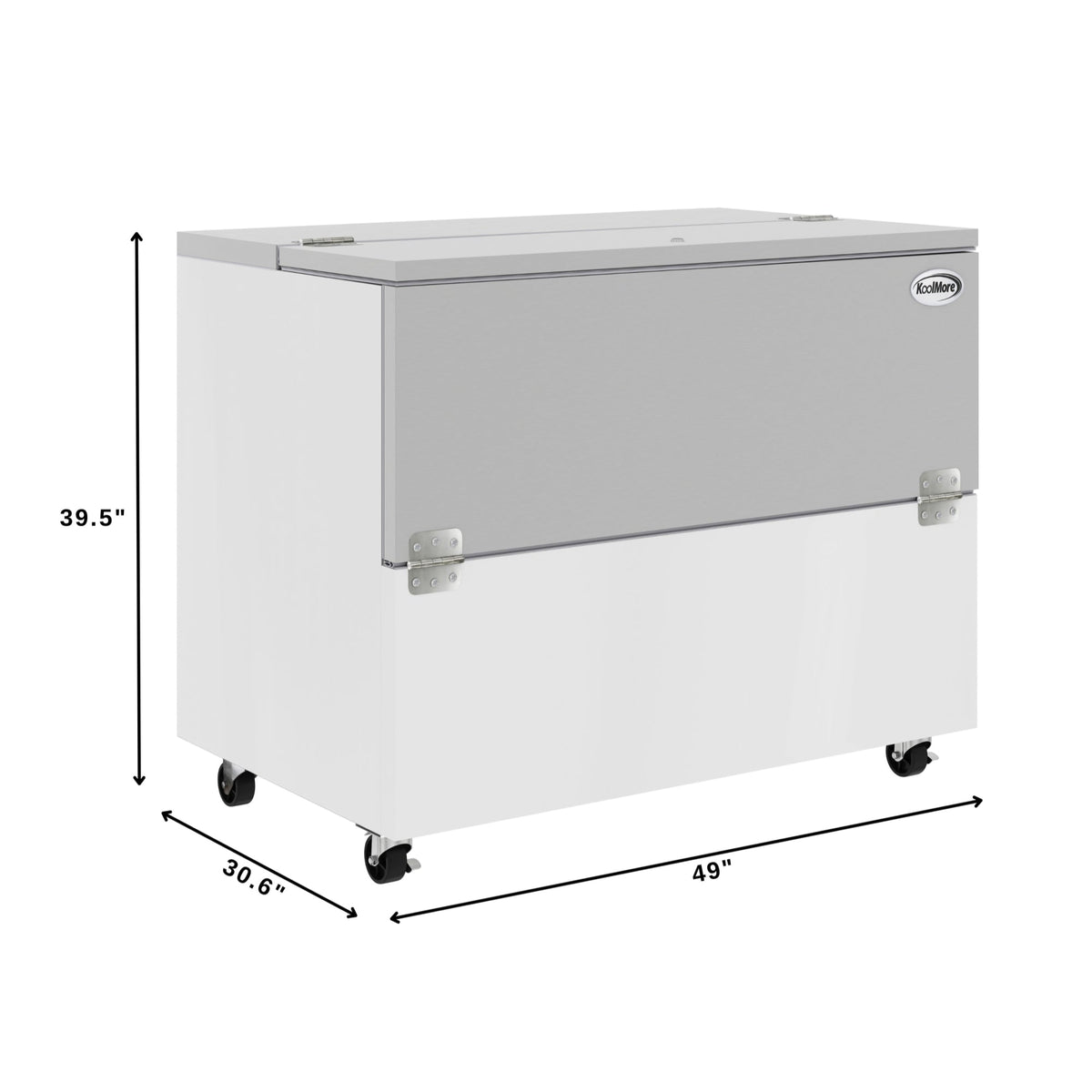 KoolMore KM-MC49-HDC 49 In. Commercial Milk Cooler, 12 Crate Capacity, Stainless Steel and White, Heavy-Duty Casters