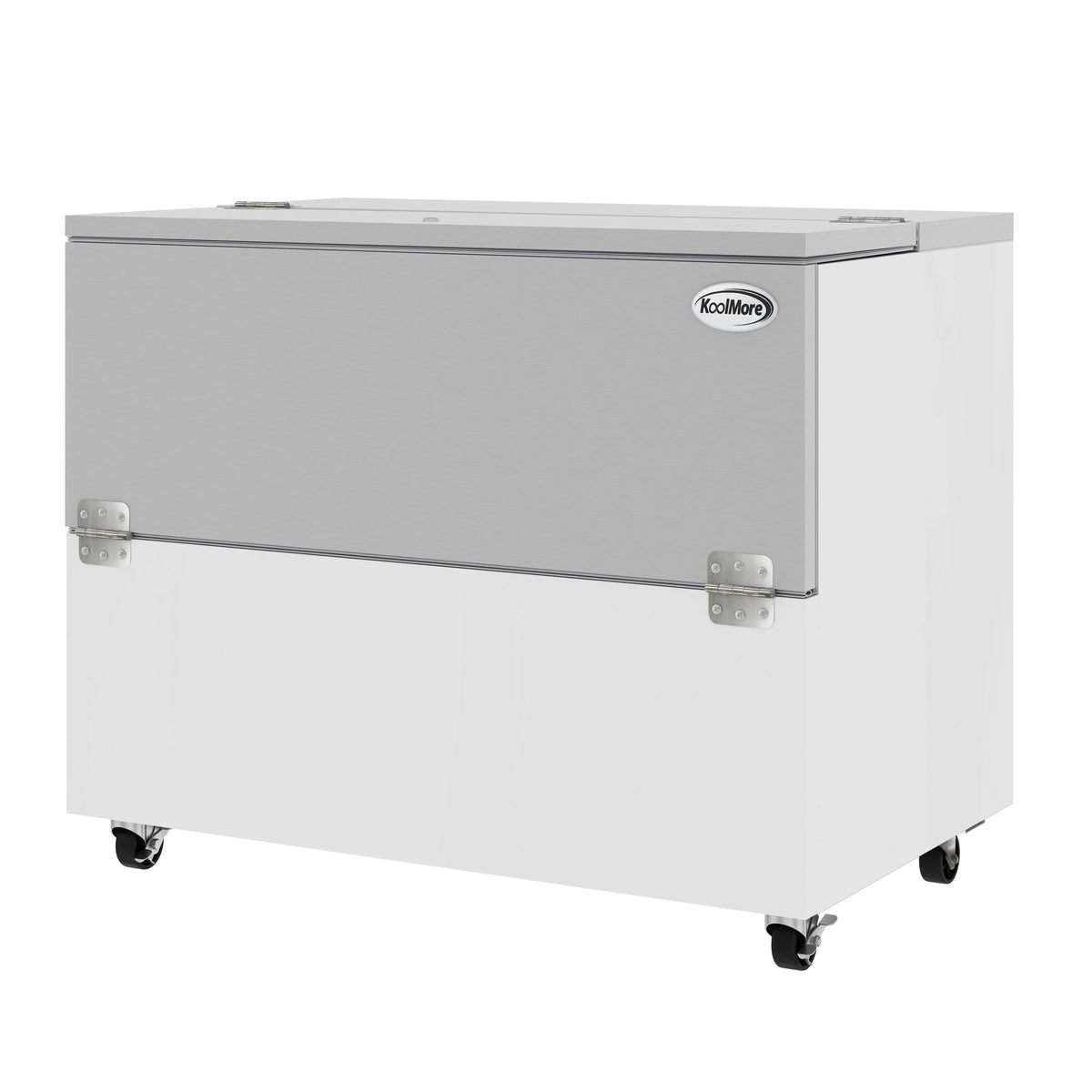 KoolMore KM-MC49-HDC 49 In. Commercial Milk Cooler, 12 Crate Capacity, Stainless Steel and White, Heavy-Duty Casters