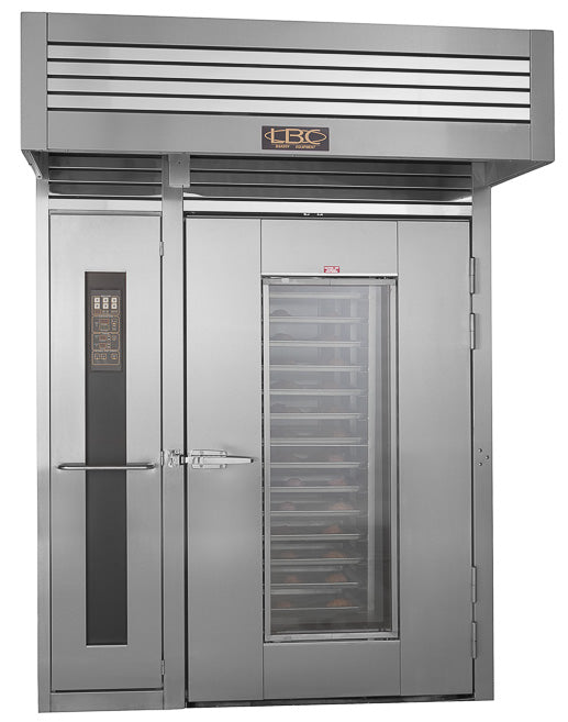 LBC Bakery LRO-1E5 41.5 kW Electric Single Roll-In Rotating Rack Oven, 20 Full-Size Sheet Pan Capacity with Waterfall Steam and Integrated Hood