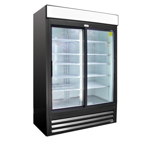 Excellence Industries VR-45SLD 51 In. Heavy Duty Upright Merchandiser Refrigerator, 1260 Can Capacity, Two Sliding Glass Doors, LED Interior Lighting